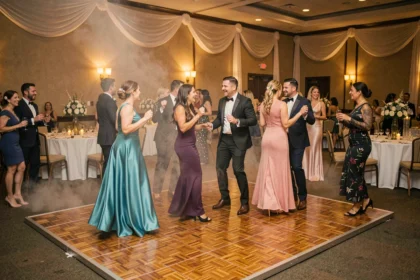 Piste de danse portable installée lors d'une soirée élégante avec des invités qui dansent dans une salle décorée