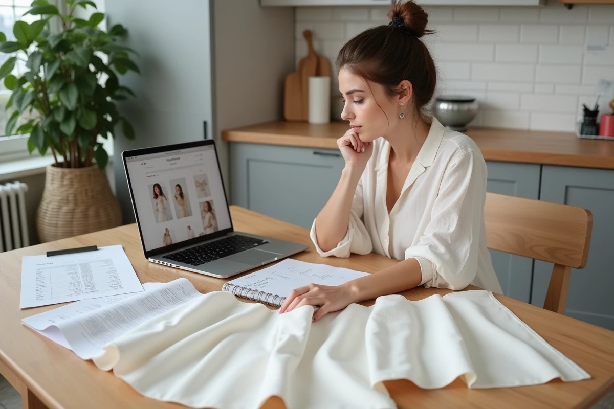 Femme planifiant son budget robe de mariée pour un mariage civil avec swatches de tissus et tableur imprimé sur une table en bois