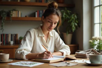 Femme introvertie planifiant son mariage seule dans une cuisine chaleureuse avec un carnet et des échantillons de tissu