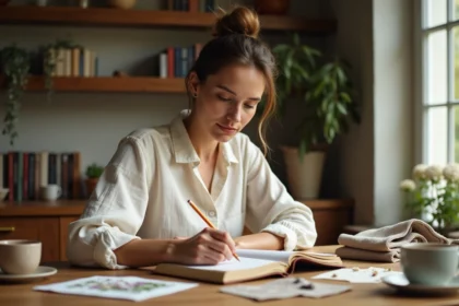 Femme introvertie planifiant son mariage seule dans une cuisine chaleureuse avec un carnet et des échantillons de tissu