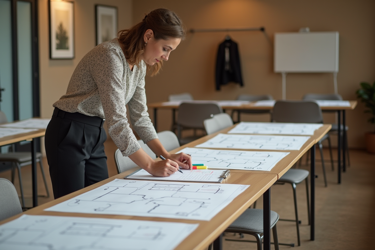 Femme planifiant la disposition des tables avec un plan et des marqueurs