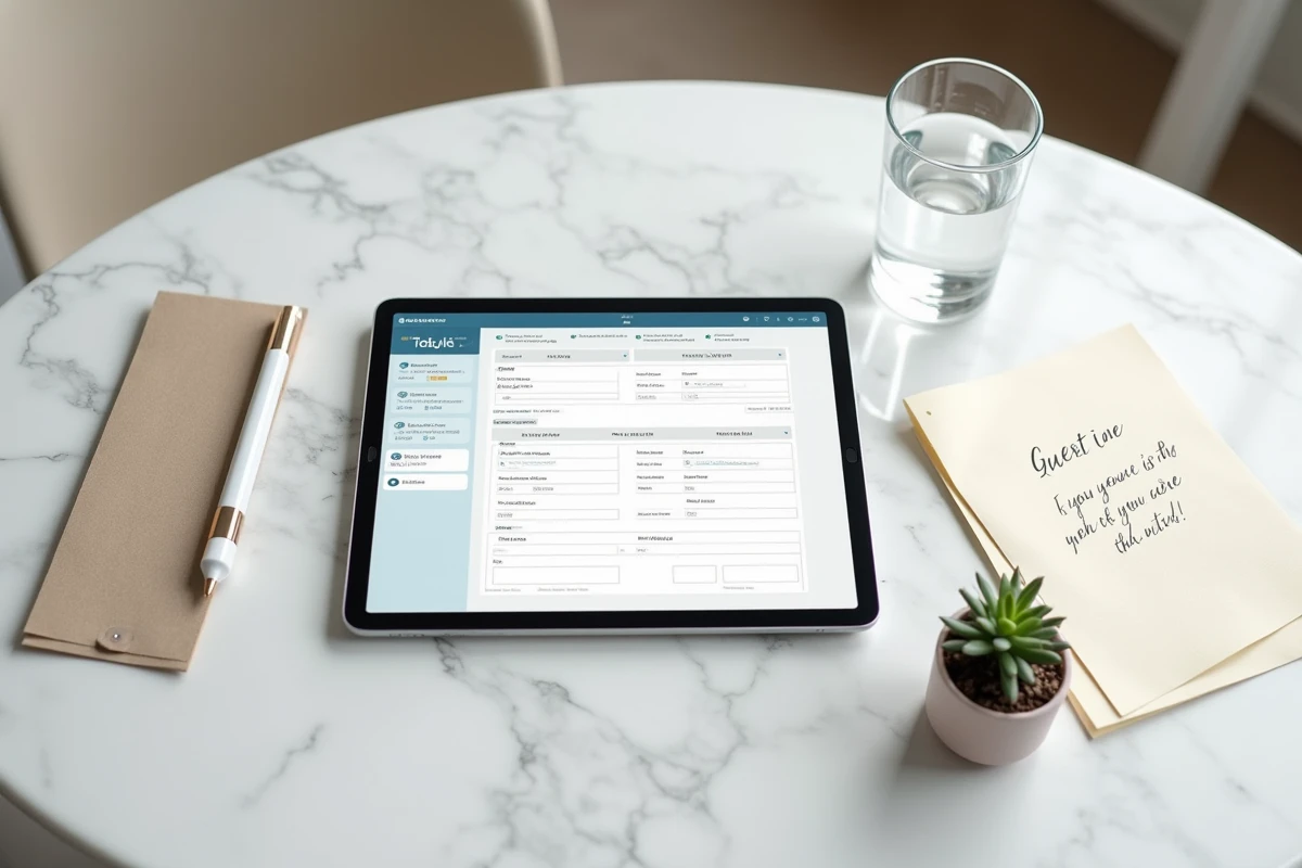 Tablette affichant une plateforme de planification de mariage en ligne avec liste de prestataires et plan de table, posée sur une table en marbre