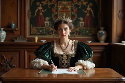 Dame Tudor en tenue royale avec broderies et perles