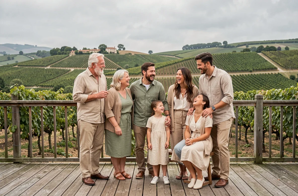 Portrait de famille en plein air dans les vignes près de Créon lors d'une séance photo événementielle