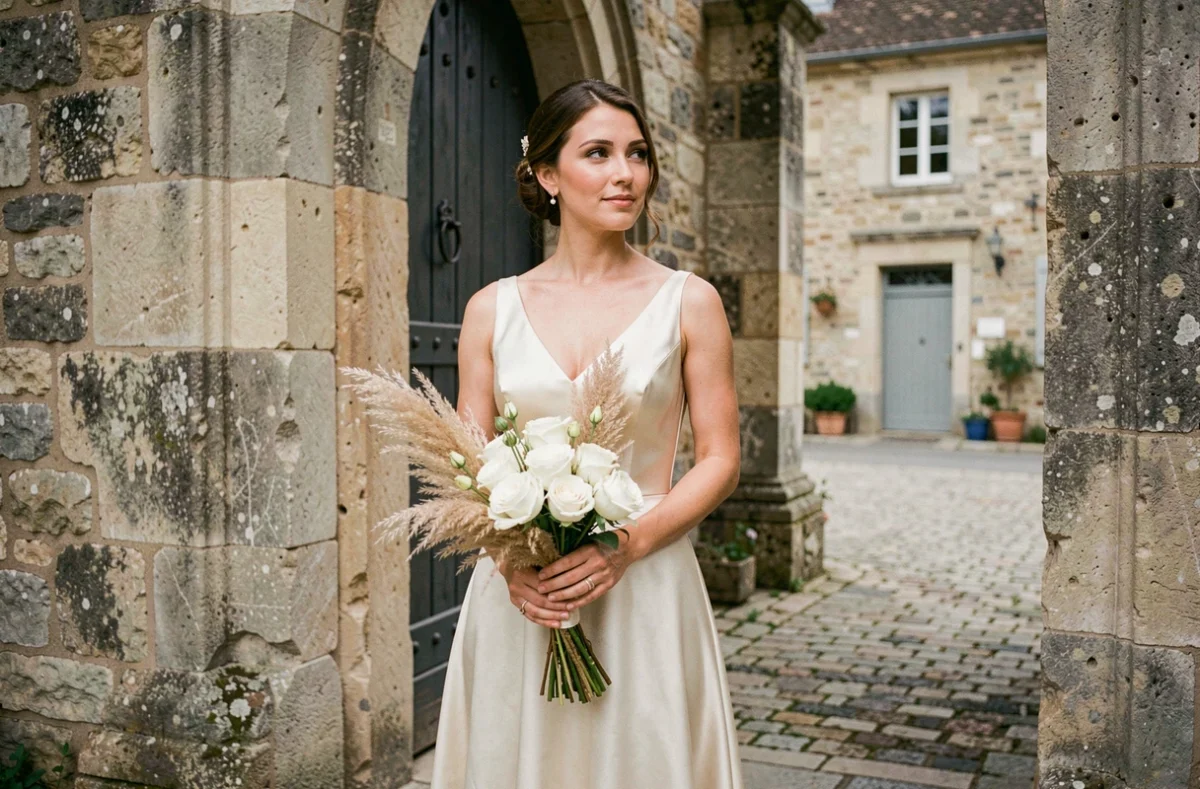 Portrait de mariée devant une église en pierre dans un village proche de Créon en Gironde