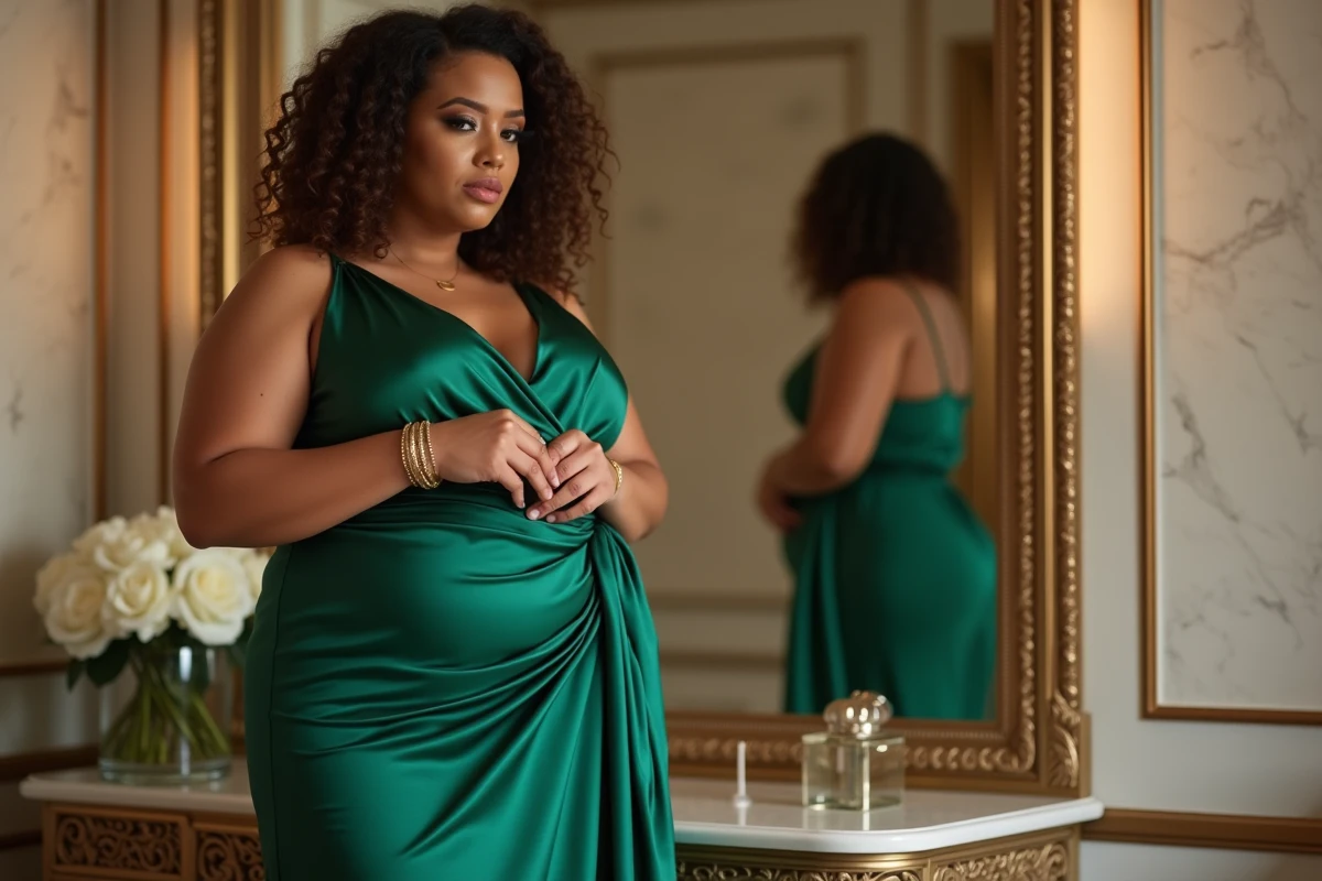 Femme grande taille en robe satinée verte se préparant pour un mariage dans un hôtel élégant
