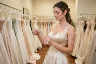 Jeune femme en robe de mariée ivoire examinant une étiquette de prix dans une boutique de mariage élégante