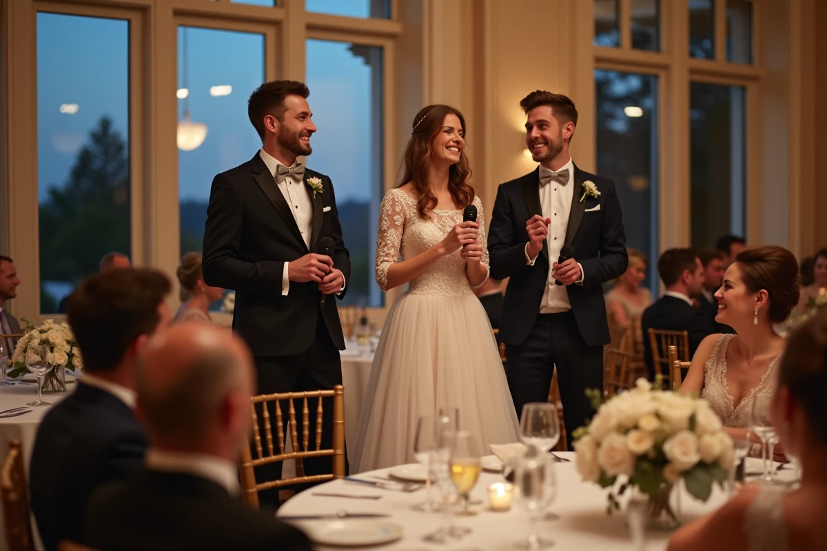 Jeune couple organisant un quiz de mariage dans une salle élégante