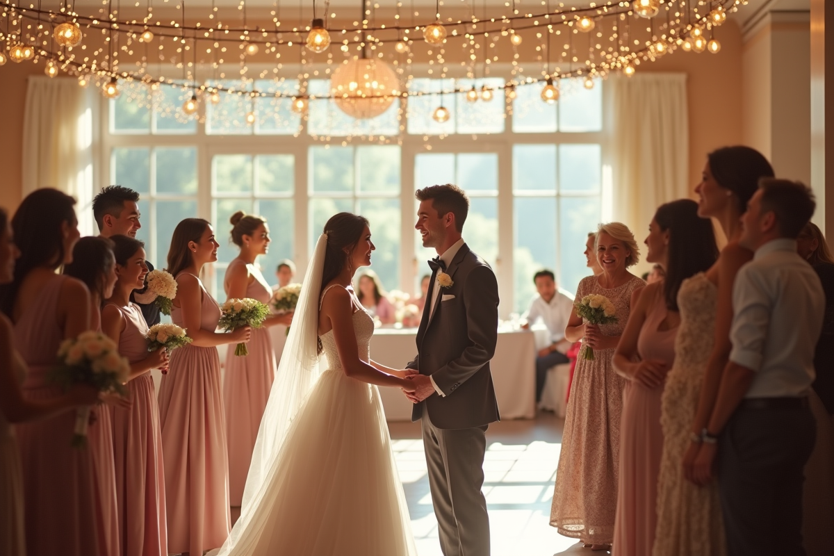 Mariage en intérieur avec la mariée et le marié entourés d amis