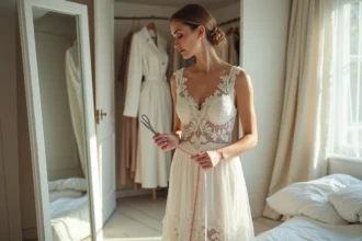 Femme en robe de dentelle ivoire tenant des ciseaux devant un miroir, envisageant de recycler sa tenue de mariage