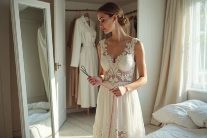 Femme en robe de dentelle ivoire tenant des ciseaux devant un miroir, envisageant de recycler sa tenue de mariage