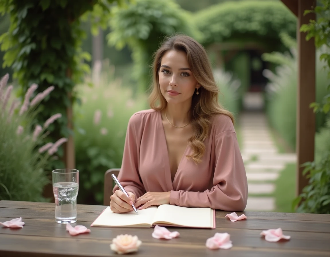 Une demoiselle d'honneur rédige son discours de mariage poétique dans un jardin champêtre