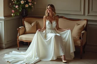 Femme souriante en robe ivoire et chaussures dorées élégantes