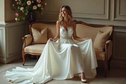 Femme souriante en robe ivoire et chaussures dorées élégantes