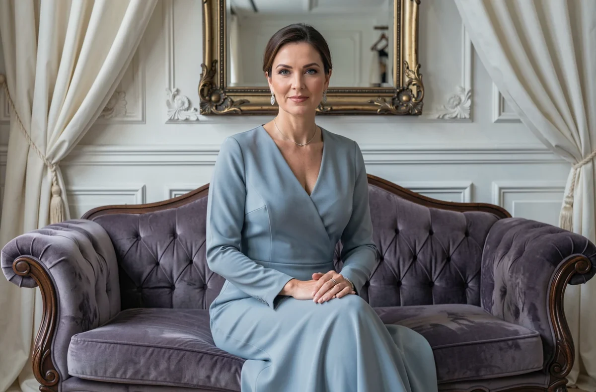 Mariée élégante de plus de 40 ans en robe de mariée en crêpe dans une boutique de mariage parisienne au style raffiné