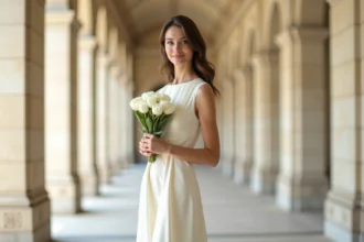 Femme en robe de mariée civile ivoire mi-longue dans un couloir de mairie parisienne, tenant un bouquet de renoncules blanches