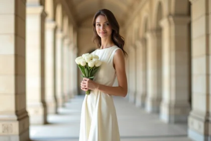 Femme en robe de mariée civile ivoire mi-longue dans un couloir de mairie parisienne, tenant un bouquet de renoncules blanches