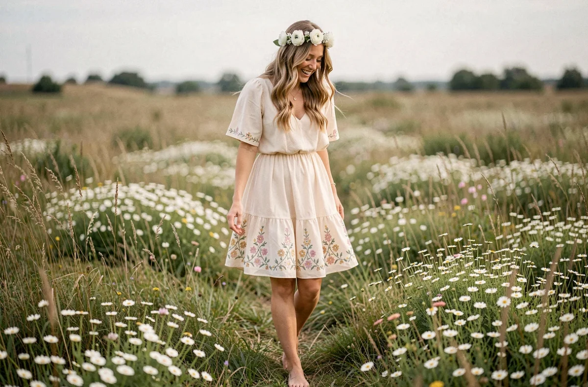 Mariée en robe courte bohème vintage brodée marchant pieds nus dans une prairie de fleurs sauvages avec couronne florale