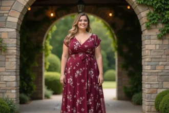 Femme ronde élégante en robe longue florale bordeaux à col V pour un mariage en plein air