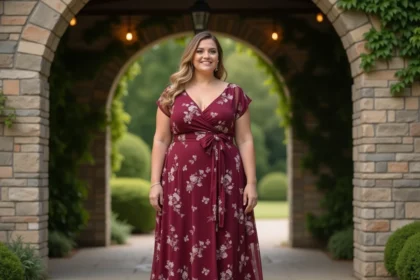 Femme ronde élégante en robe longue florale bordeaux à col V pour un mariage en plein air