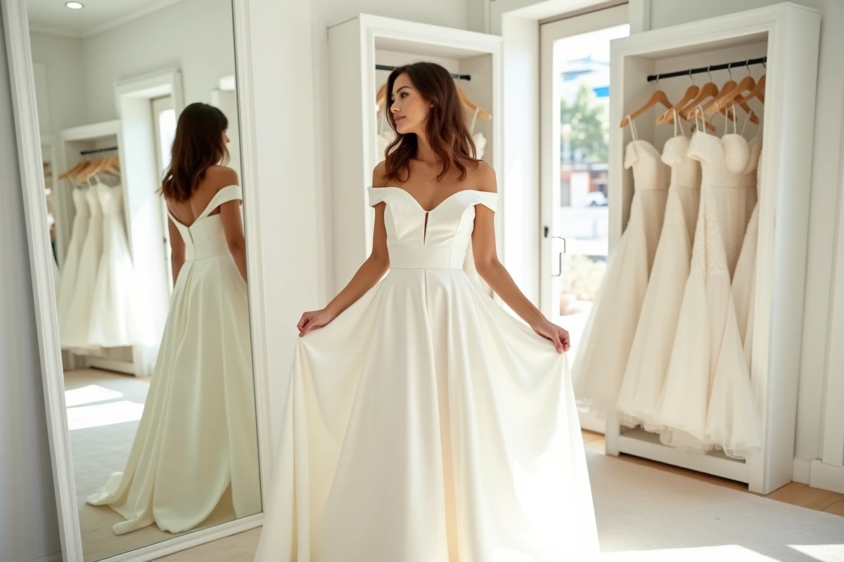 Mariée essayant une robe de mariée ivoire prêt-à-porter dans une boutique bridal moderne avec miroirs