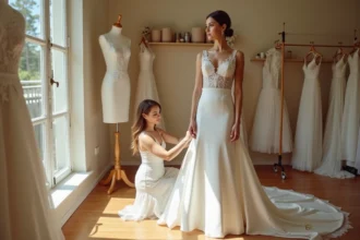 Mariée en robe ivoire sur mesure lors d'un essayage dans un atelier de couture bridal avec couturière