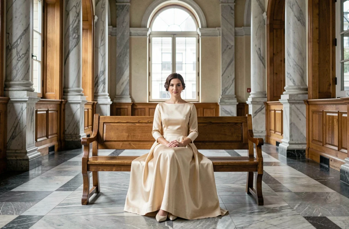 Mariée en robe rétro champagne style années 60 assise dans une salle de mairie ornée, élégance sobre pour mariage civil