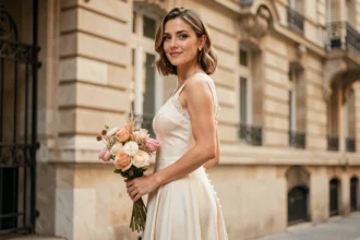 Femme en robe de mariage rétro ivoire avec dentelle, posant devant une façade haussmannienne pour un mariage civil élégant