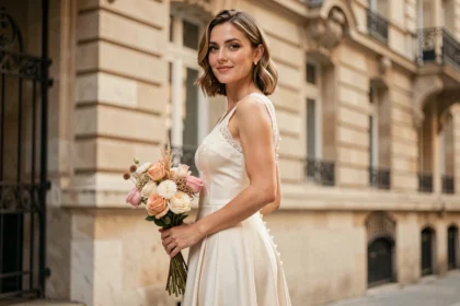 Femme en robe de mariage rétro ivoire avec dentelle, posant devant une façade haussmannienne pour un mariage civil élégant
