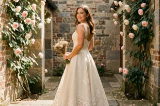 Mariée en robe courte vintage ivoire en dentelle dans une cour en pierre avec bouquet de fleurs séchées