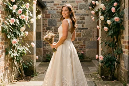 Mariée en robe courte vintage ivoire en dentelle dans une cour en pierre avec bouquet de fleurs séchées