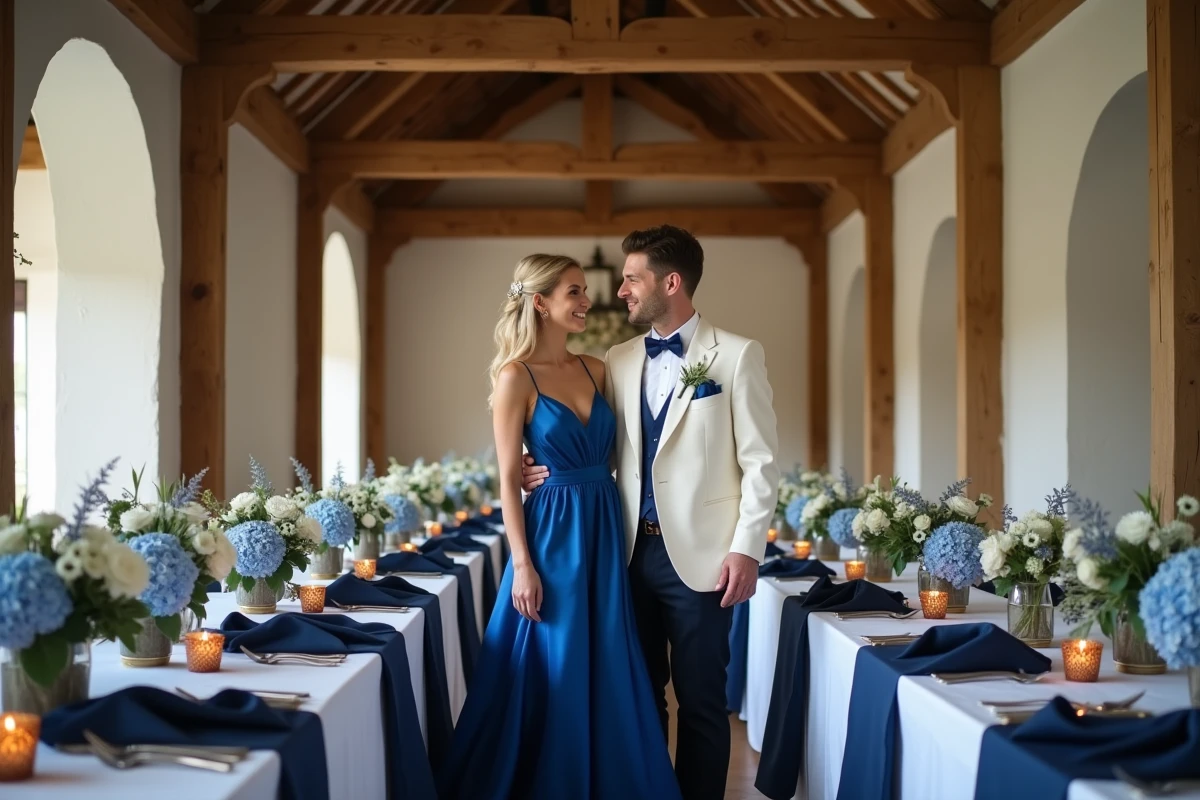 Mariée en robe de mariée bleue cobalt et marié en costume ivoire devant une table de réception décorée d'hortensias bleus dans une grange rénovée