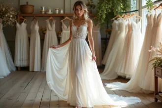 Femme portant une robe de mariée bohème en dentelle dans une boutique de mariage à Montpellier