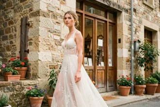 Mariée en robe bohème fluide essayant sa robe dans une boutique de village rustique en France