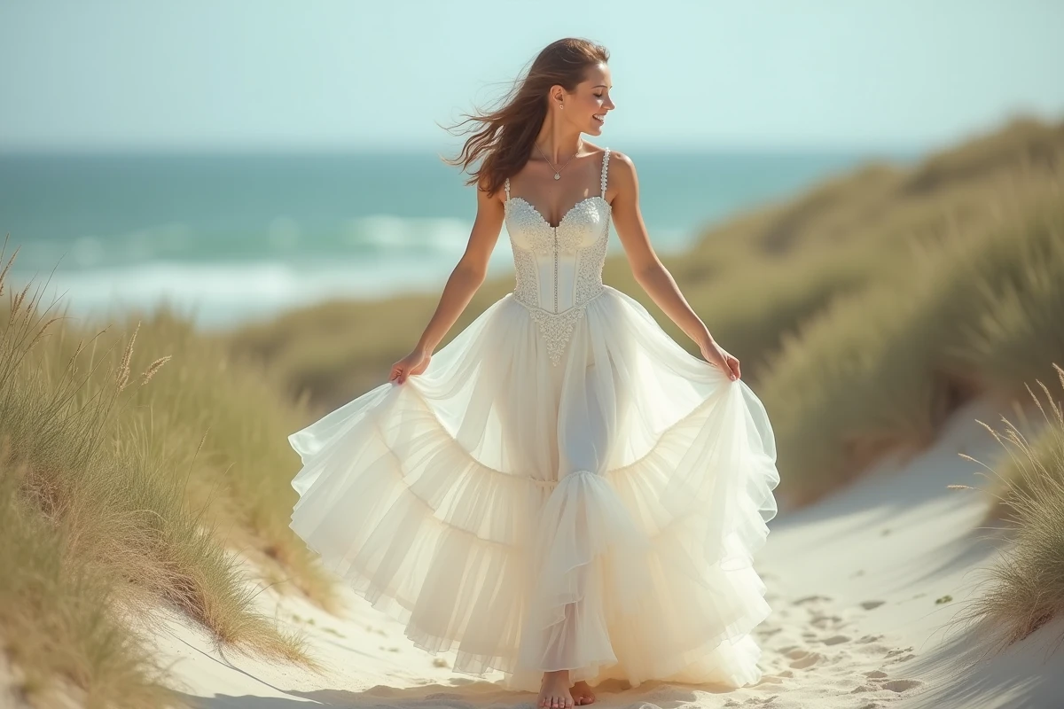 Mariée en robe bohème bustier satin et organza marchant pieds nus sur un chemin côtier avec dunes et mer en arrière-plan