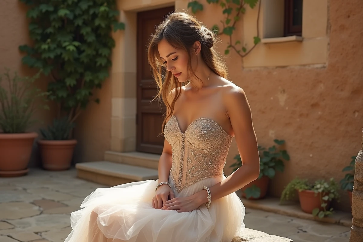 Femme en robe de mariée bustier bohème à bustier perlé assise sur un banc en pierre dans une cour rustique