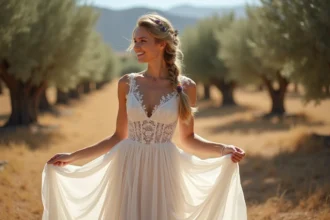 Mariée en robe bustier bohème en dentelle et mousseline dans un oliveraie, coiffure tressée avec fleurs sauvages