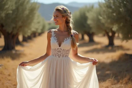 Mariée en robe bustier bohème en dentelle et mousseline dans un oliveraie, coiffure tressée avec fleurs sauvages