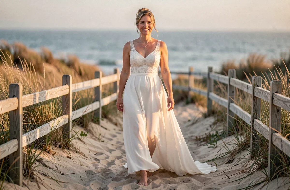 Future mariée de 40 ans en robe de mariée en mousseline marchant pieds nus sur un sentier côtier naturel et serein