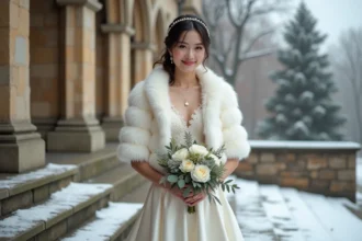 Mariée en robe courte ivoire avec bolero en fausse fourrure devant une chapelle enneigée en hiver