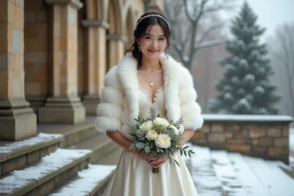 Mariée en robe courte ivoire avec bolero en fausse fourrure devant une chapelle enneigée en hiver