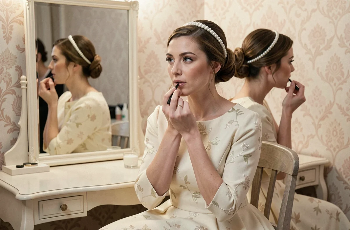 Mariée en robe de mariage courte style années 60 devant un miroir rétro avec coiffure chignon et bandeau de perles