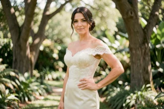 Femme de plus de 40 ans portant une robe de mariée en dentelle ivoire dans un jardin botanique, posture élégante et confiante
