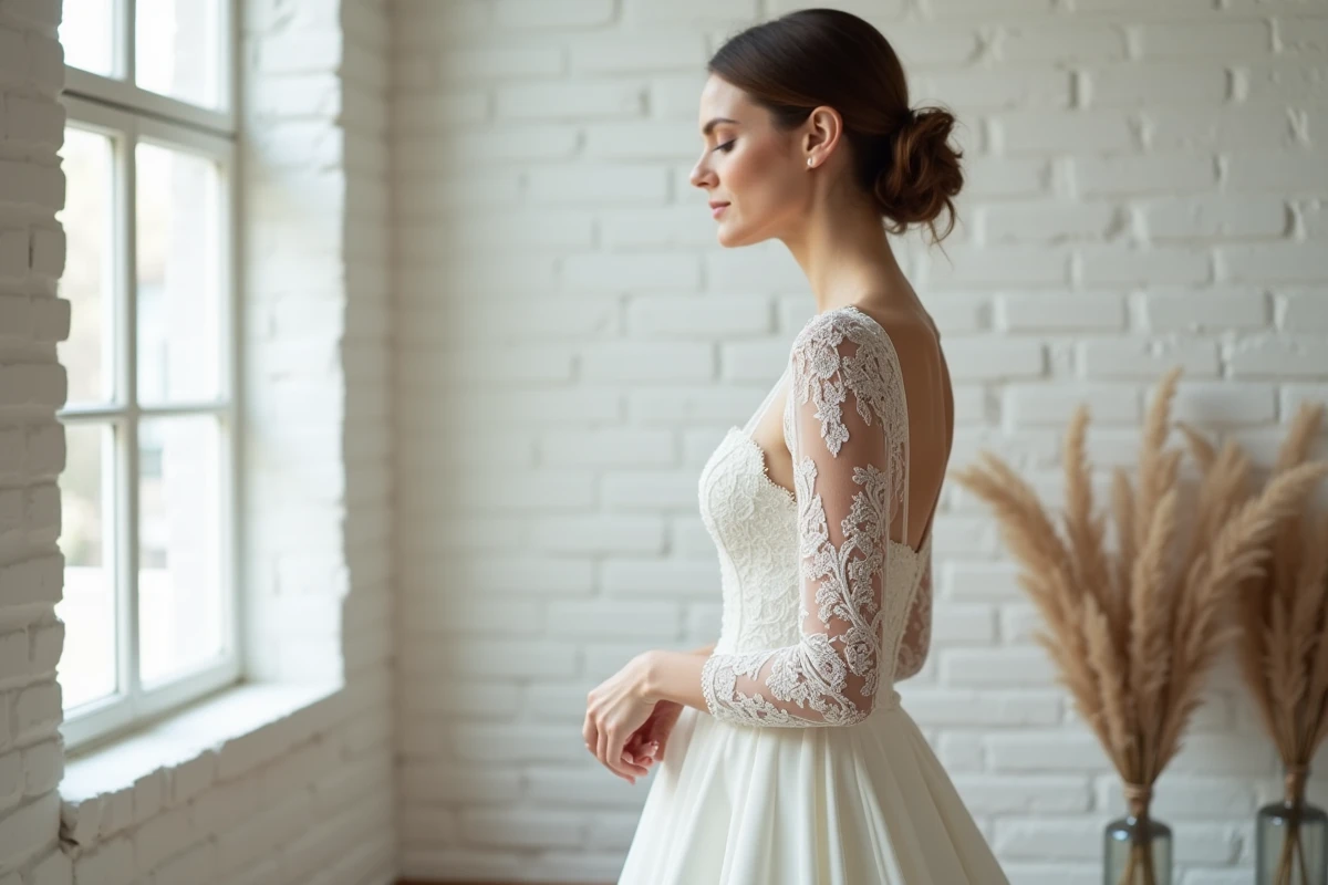 Mariée en robe de mariée longue manche en dentelle dans un studio épuré, profil en légère contre-plongée