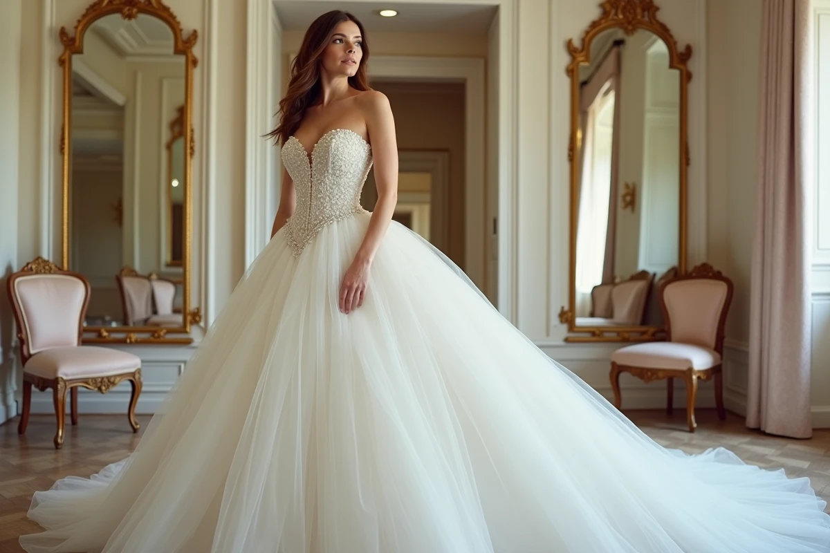 Robe de mariée princesse volumineuse avec corsage perlé dans un atelier de mariage élégant à Montpellier
