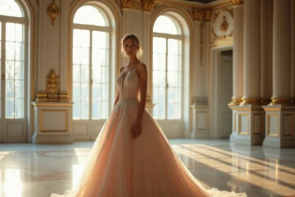 Mariée en robe de bal princesse volumineuse à paillettes dans une salle de réception néoclassique au sol en marbre