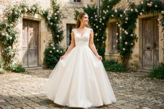 Mariée en robe princesse en dentelle dans une cour de château français entourée de roses grimpantes