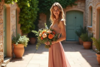 Mariée en robe de mariée rose poudré tenant un bouquet de pivoines pêche et dahlias orangés dans une cour provençale en pierre