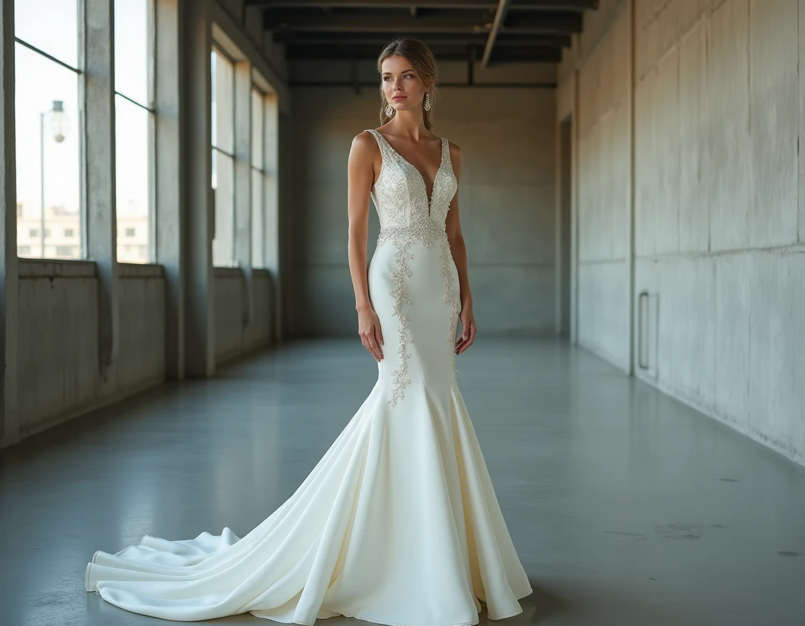 Mariée en robe sirène ajustée ornée de paillettes dans un espace de réception industriel urbain minimaliste