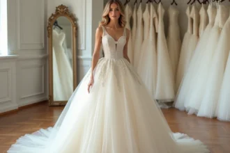 Femme en robe de mariée princesse strass et paillettes dans une boutique de mariage, vue en pied